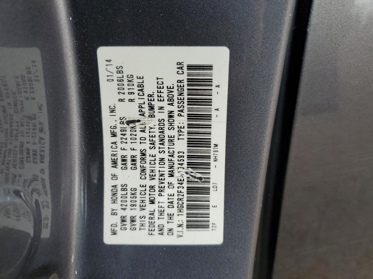 2014 Honda Accord VIN 1HGCR2F34EA134593 Copart auction photo, front end / rear end damage thumbnail 14