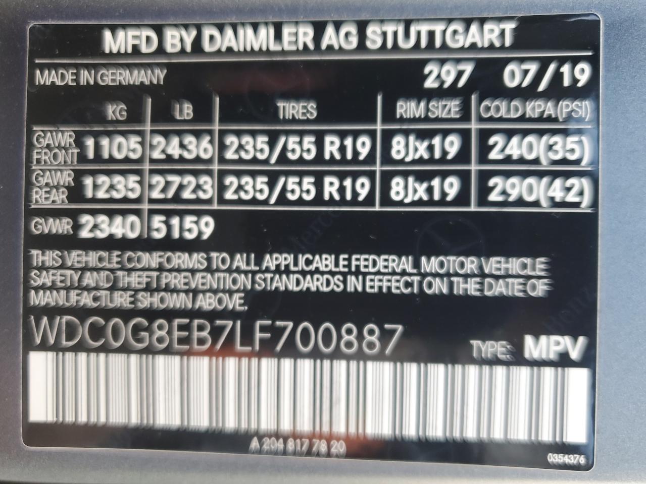 2020 Mercedes-Benz GLC VIN WDC0G8EB7LF700887 Copart auction photo, front end / rear end damage thumbnail 15