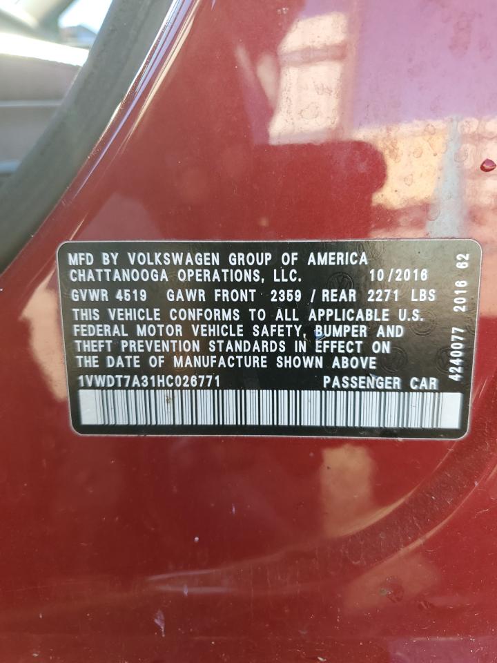 2017 Volkswagen Passat VIN 1VWDT7A31HC026771 Copart auction photo, front end damage thumbnail 13