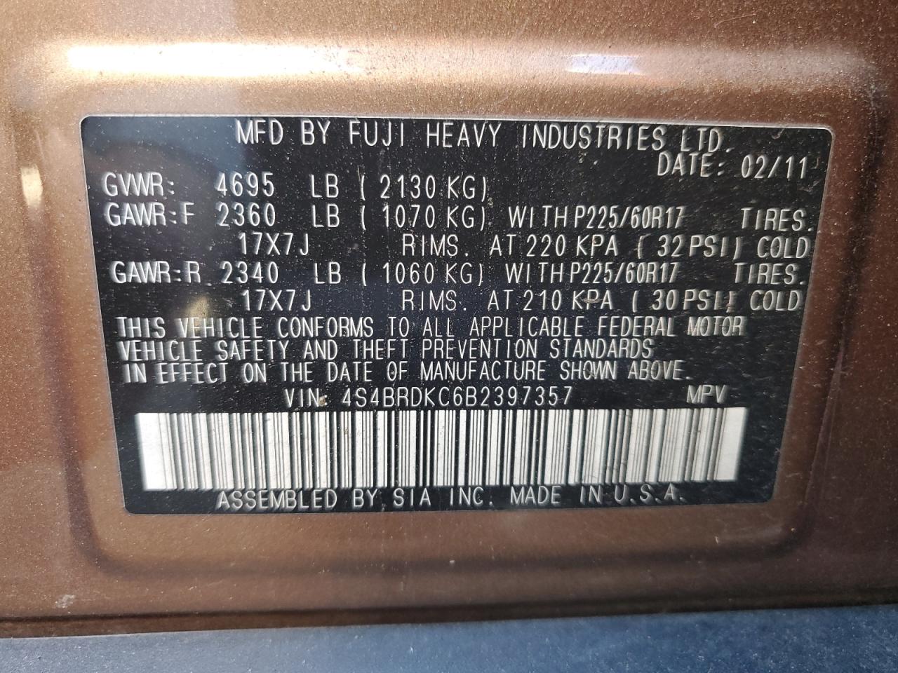 2011 Subaru Outback VIN 4S4BRDKC6B2397357 Copart auction photo, rear end damage thumbnail 13