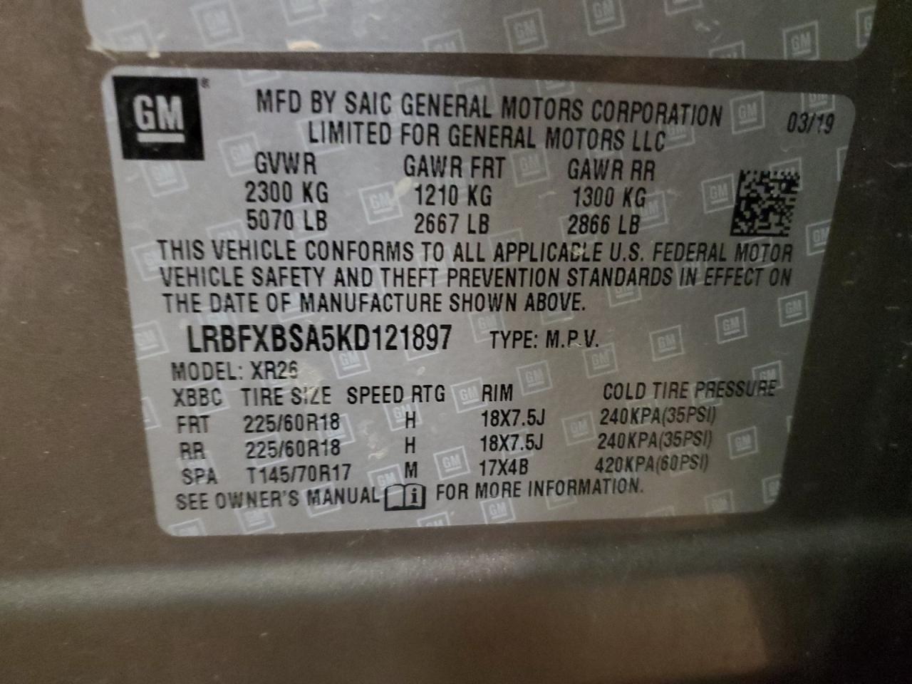 2019 Buick Envision VIN LRBFXBSA5KD121897 Copart auction photo, side / front end damage thumbnail 13