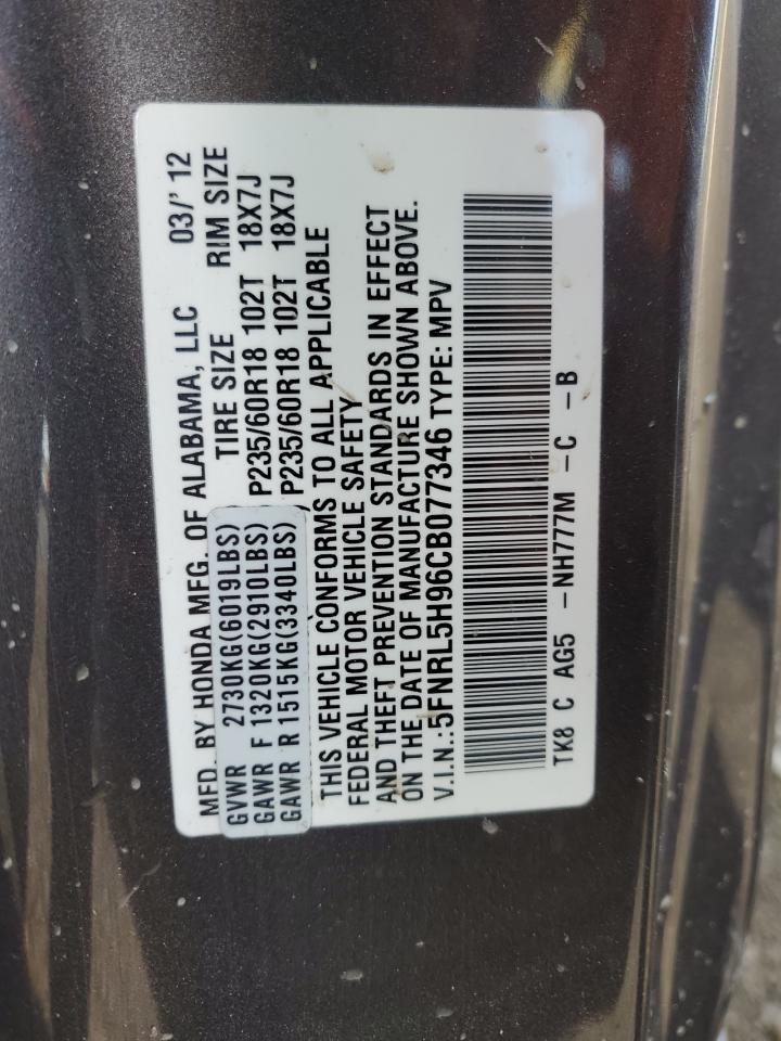 2012 Honda Odyssey VIN 5FNRL5H96CB077346 Copart auction photo, rear end / front end damage thumbnail 13
