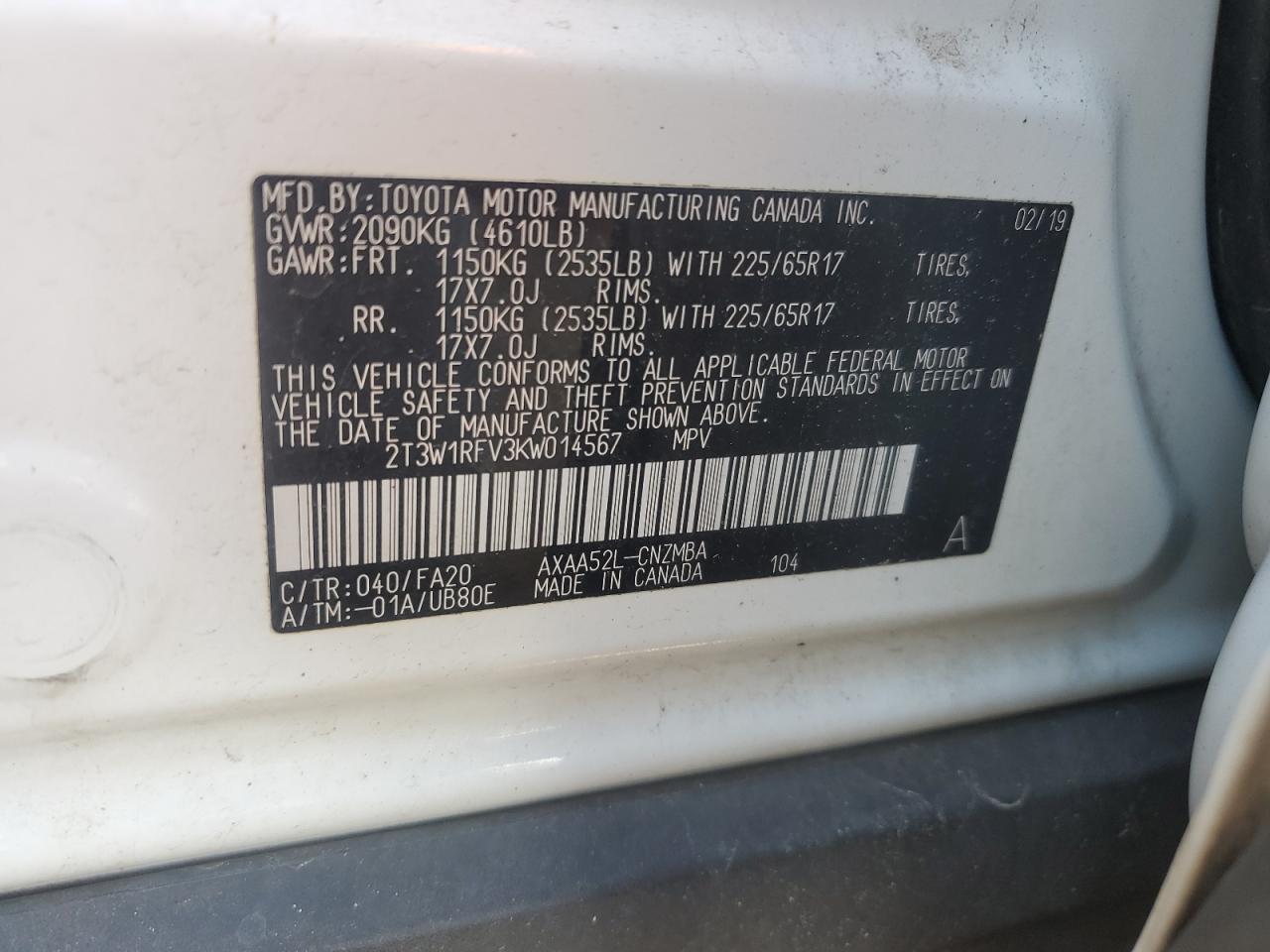 2019 Toyota RAV 4 VIN 2T3W1RFV3KW014567 Copart auction photo, rear end / minor dent/scratches damage thumbnail 13
