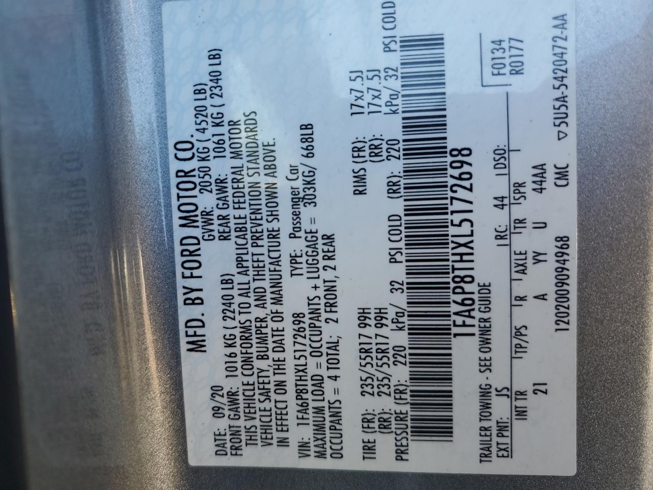 2020 Ford Mustang VIN 1FA6P8THXL5172698 Copart auction photo, front end / minor dent/scratches damage thumbnail 14