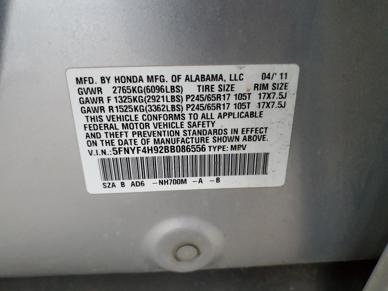 2011 Honda Pilot VIN 5FNYF4H92BB086556 Copart auction photo, front end damage thumbnail 13