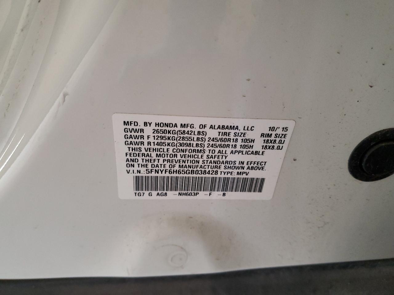 2016 Honda Pilot VIN 5FNYF6H65GB038428 Copart auction photo, side / mechanical damage thumbnail 15