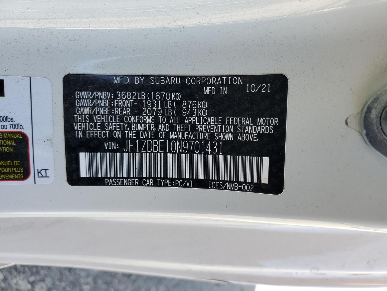 2022 Subaru BRZ VIN JF1ZDBE10N9701431 Copart auction photo, rear end damage thumbnail 14