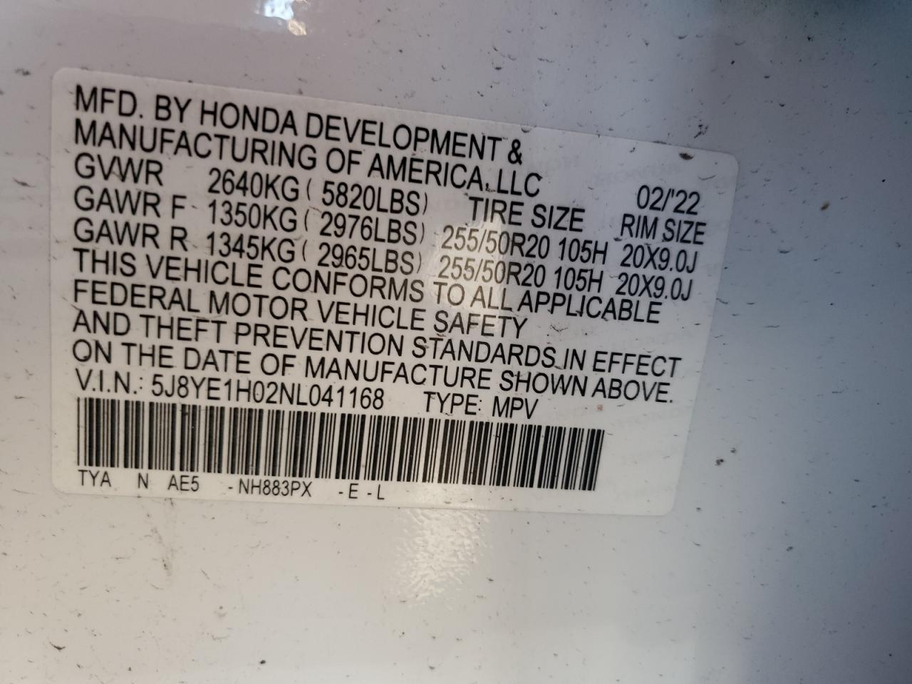 2022 Acura MDX VIN 5J8YE1H02NL041168 Copart auction photo, front end / side damage thumbnail 15
