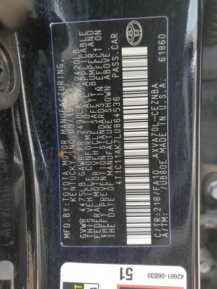 2020 Toyota Camry VIN 4T1C11AK7LU864536 Copart auction photo, side / undercarriage damage thumbnail 12