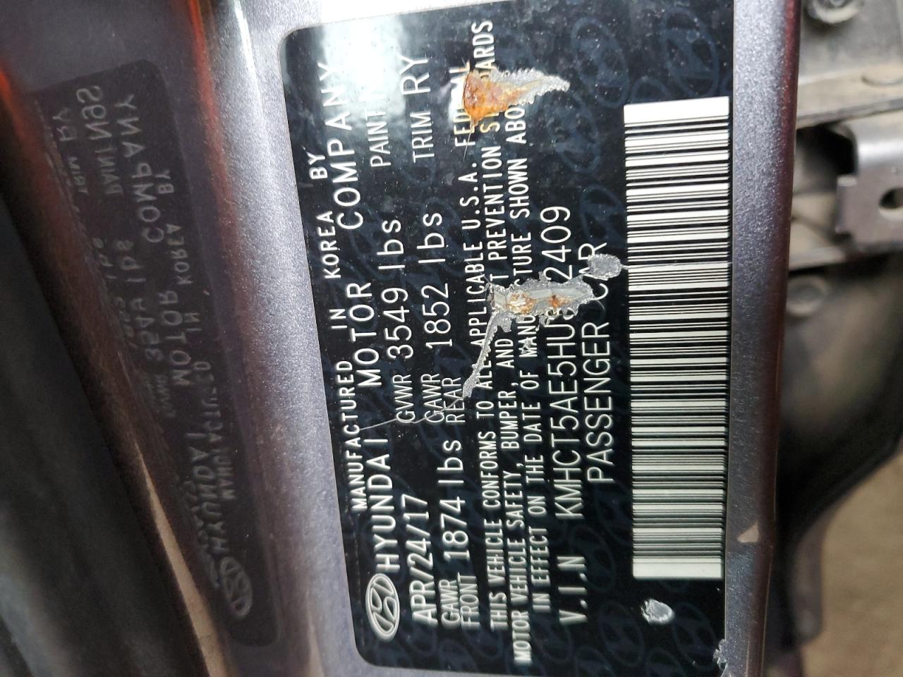 2017 Hyundai Accent VIN KMHCT5AE5HU342409 Copart auction photo, front end damage thumbnail 14