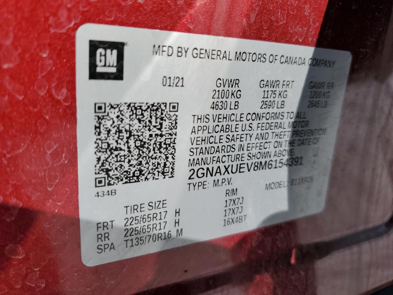 2021 Chevrolet Equinox VIN 2GNAXUEV8M6154391 Copart auction photo, front end / side damage thumbnail 15