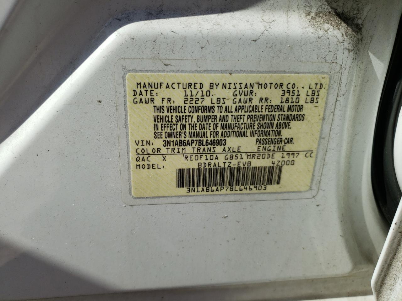 2011 Nissan Sentra VIN 3N1AB6AP7BL646903 Copart auction photo, rear end / front end damage thumbnail 13