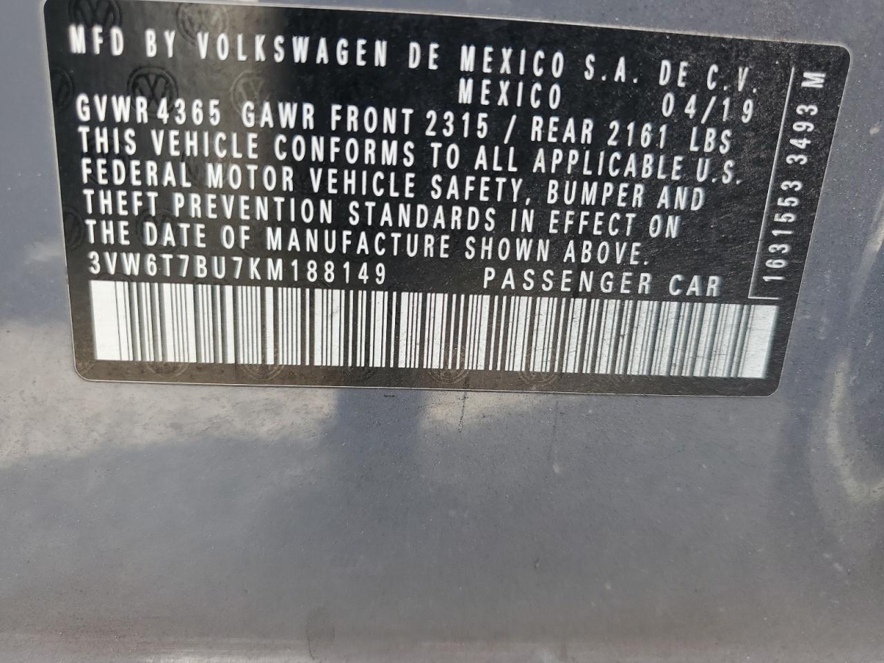 2019 Volkswagen Jetta VIN 3VW6T7BU7KM188149 Copart auction photo, front end damage thumbnail 14
