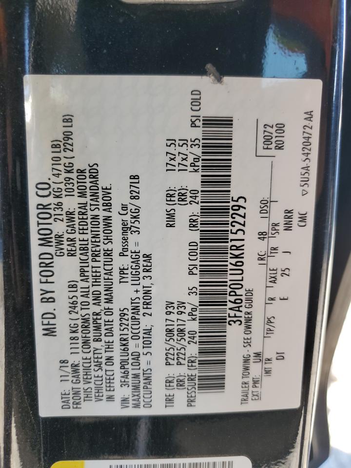 2019 Ford Fusion VIN 3FA6P0LU6KR152295 Copart auction photo, front end / side damage thumbnail 13