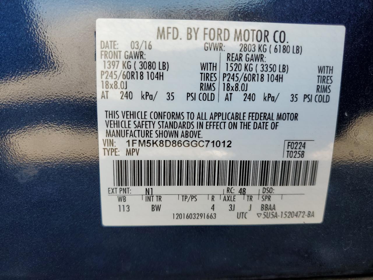 2016 Ford Explorer VIN 1FM5K8D86GGC71012 Copart auction photo, normal wear damage thumbnail 13
