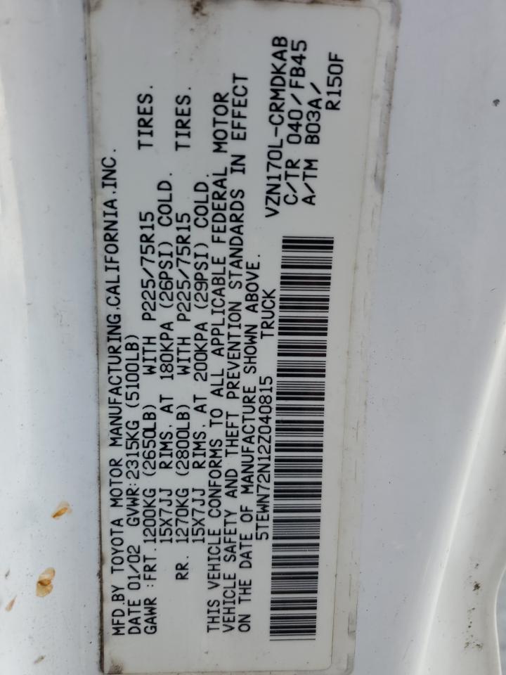 2002 Toyota Tacoma VIN 5TEWN72N12Z040815 Copart auction photo, front end / rear end damage thumbnail 13