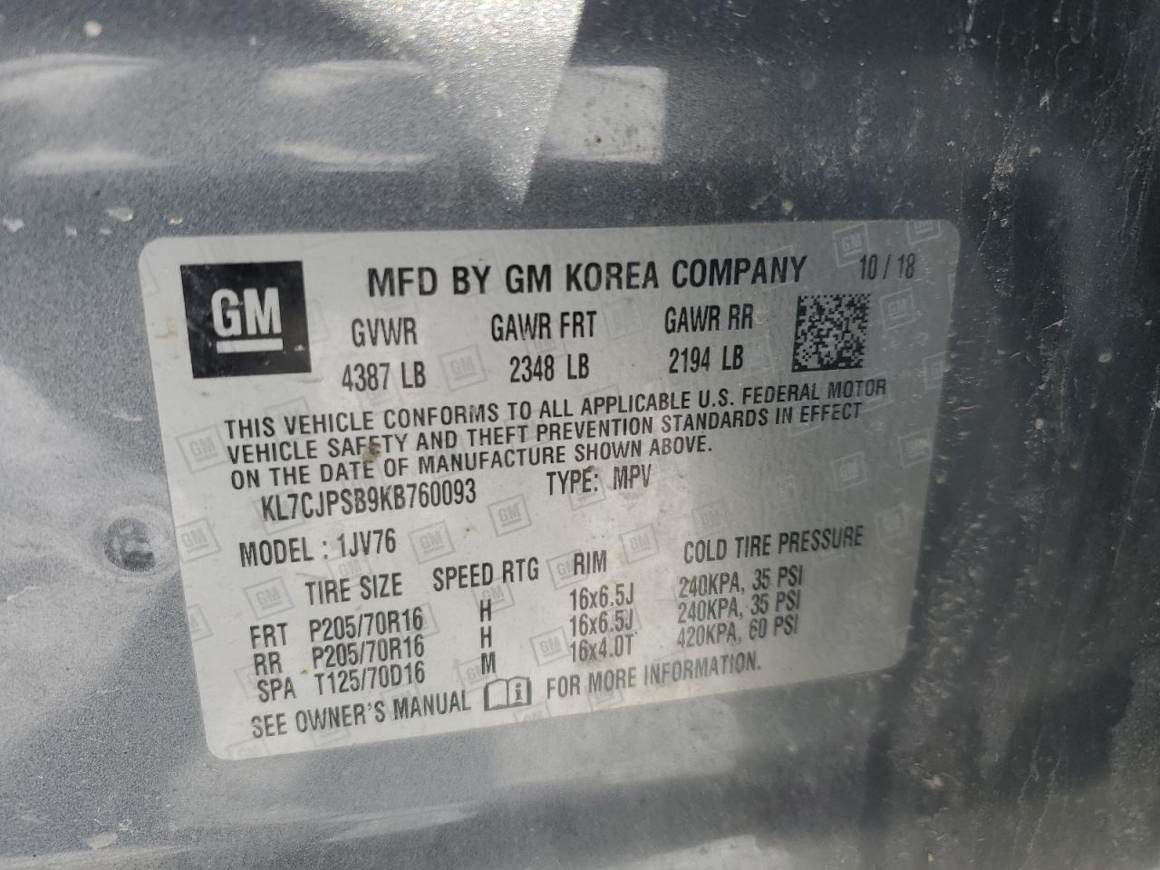 2019 Chevrolet Trax VIN KL7CJPSB9KB760093 Copart auction photo, front end damage thumbnail 13
