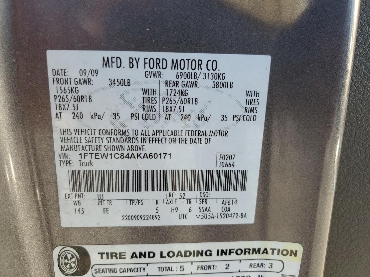 2010 Ford F-150 VIN 1FTEW1C84AKA60171 Copart auction photo, rear end damage thumbnail 12