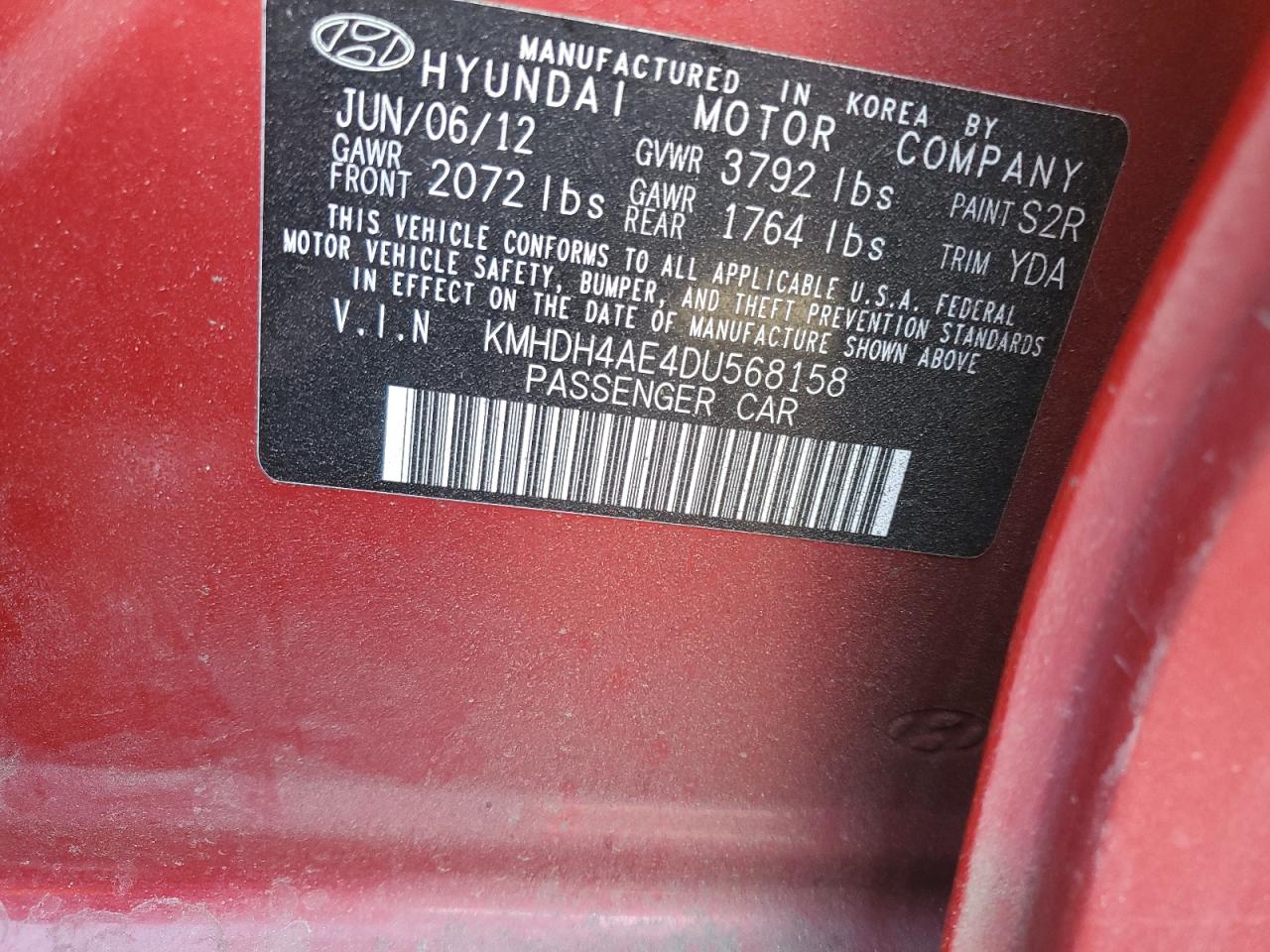 2013 Hyundai Elantra VIN KMHDH4AE4DU568158 Copart auction photo, vandalism / all over damage thumbnail 12