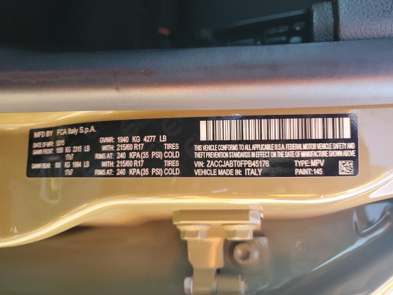 2015 Jeep Renegade VIN ZACCJABT0FPB45176 Copart auction photo, front end / mechanical damage thumbnail 14