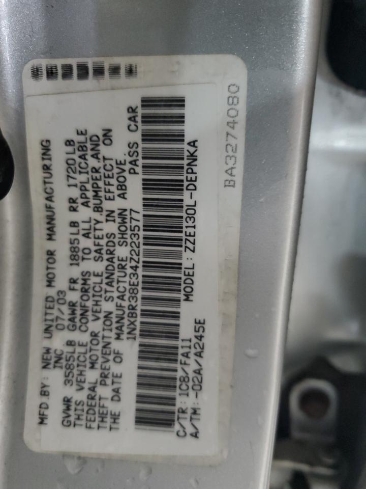 2004 Toyota Corolla VIN 1NXBR38E34Z223577 Copart auction photo, rear end damage thumbnail 12