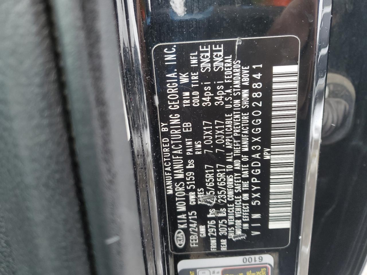 2016 KIA Sorento VIN 5XYPGDA3XGG028841 Copart auction photo, front end / side damage thumbnail 13