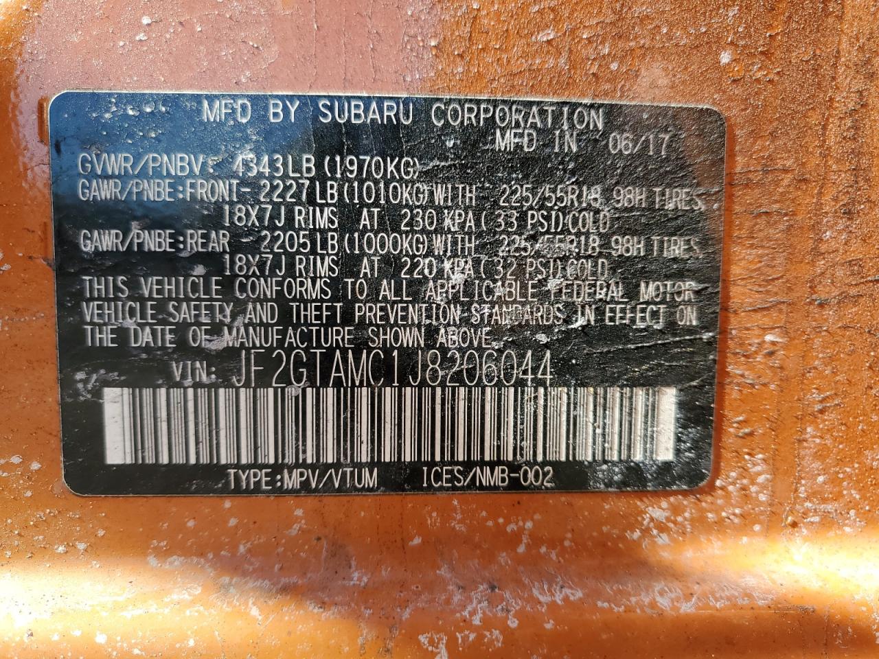 2018 Subaru XV VIN JF2GTAMC1J8206044 Copart auction photo, all over damage thumbnail 14