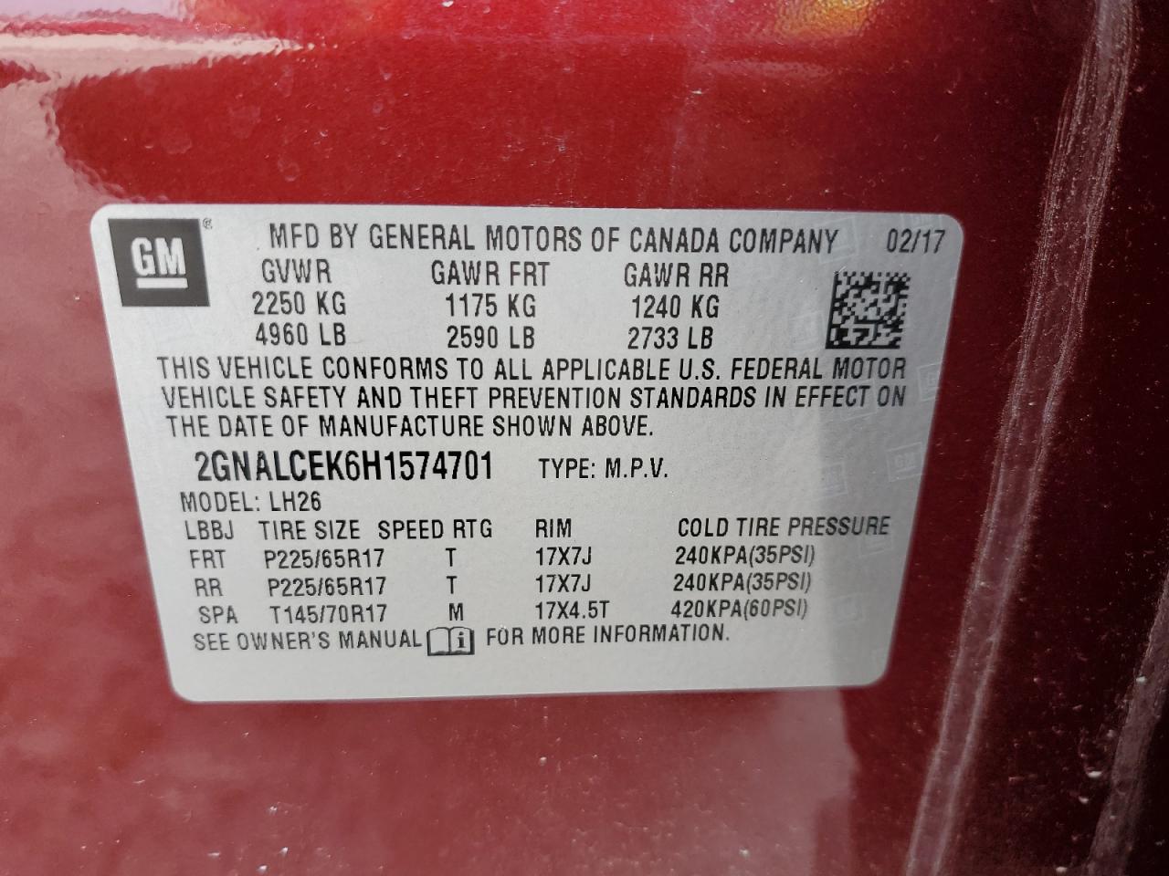 2017 Chevrolet Equinox VIN 2GNALCEK6H1574701 Copart auction photo, front end damage thumbnail 15