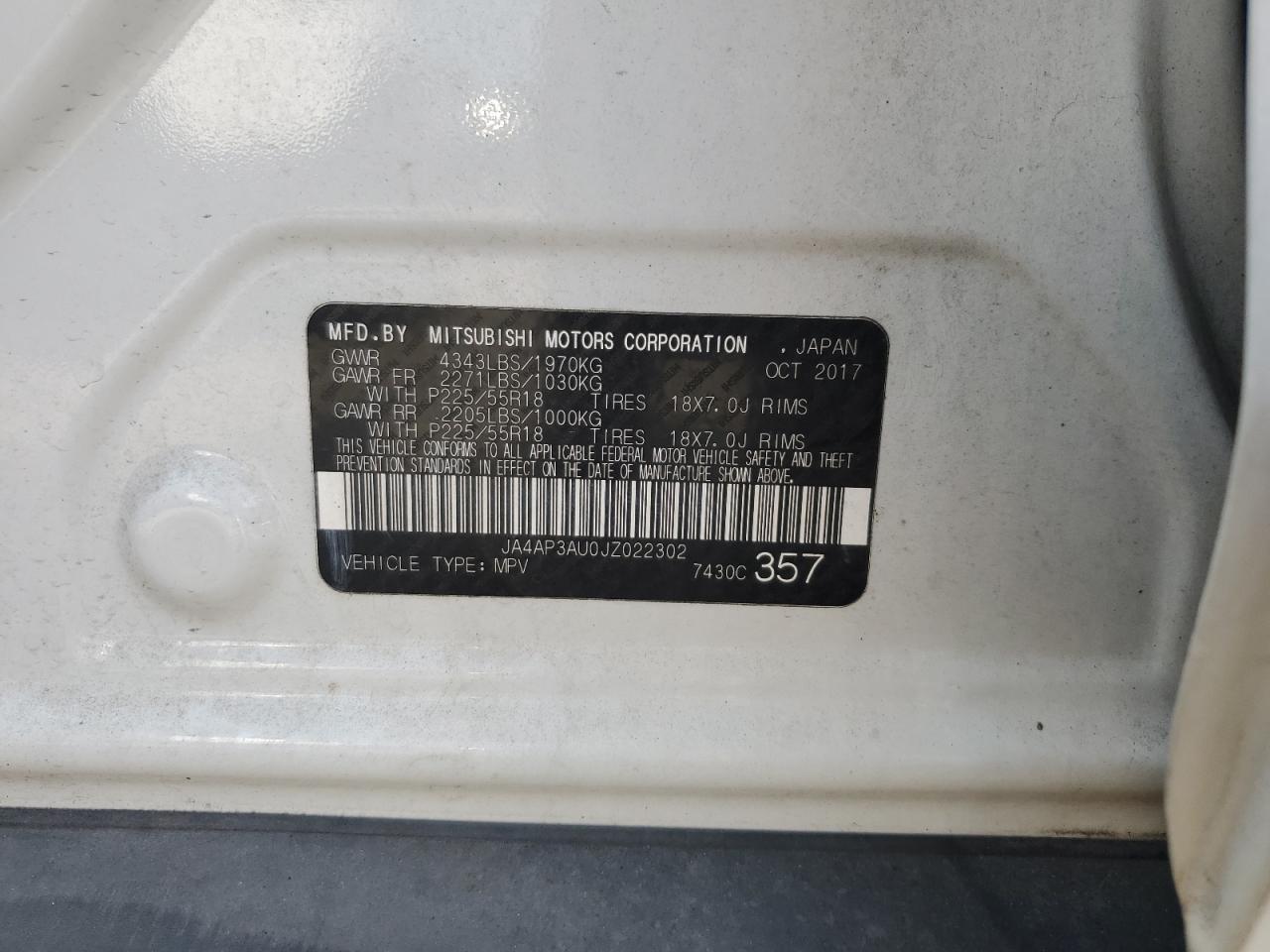 2018 Mitsubishi Outlander VIN JA4AP3AU0JZ022302 Copart auction photo, front end damage thumbnail 15