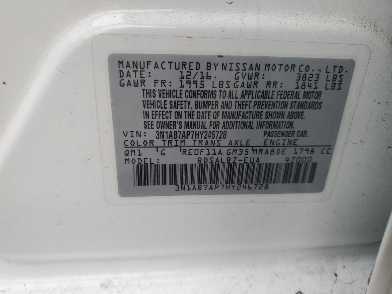 2017 Nissan Sentra VIN 3N1AB7AP7HY246728 Copart auction photo, front end / rear end damage thumbnail 12