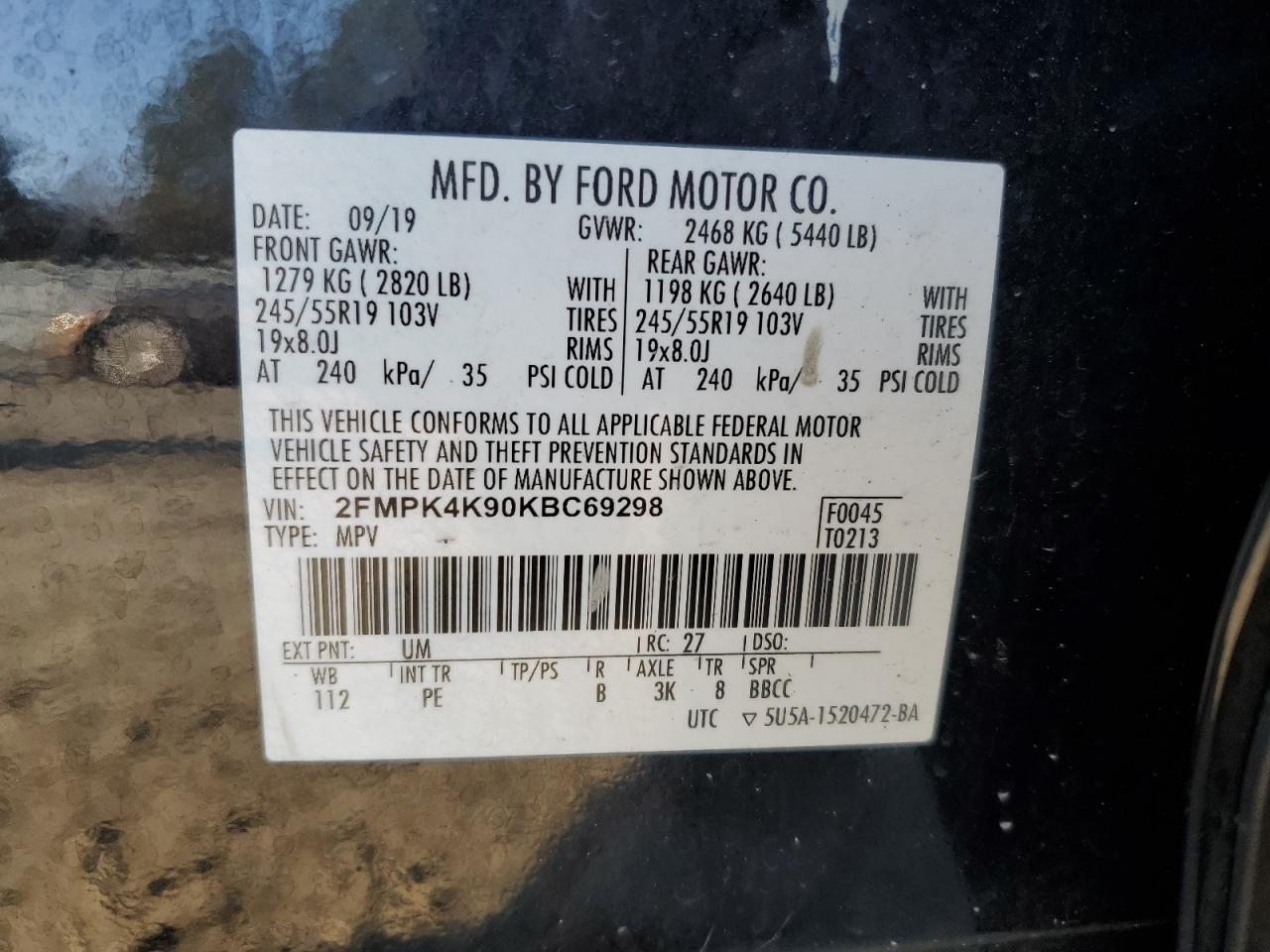 2019 Ford Edge VIN 2FMPK4K90KBC69298 Copart auction photo, side / rear end damage thumbnail 13