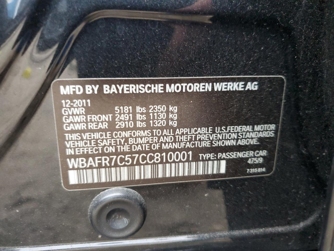 2012 BMW 5er VIN WBAFR7C57CC810001 Copart auction photo, front end damage thumbnail 12