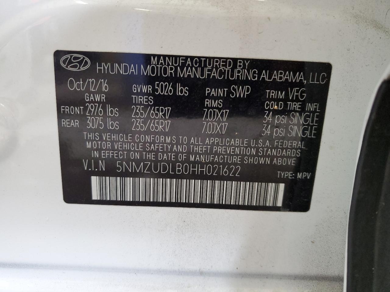 2017 Hyundai Santa Fe VIN 5NMZUDLB0HH021622 Copart auction photo, rear end / minor dent/scratches damage thumbnail 14