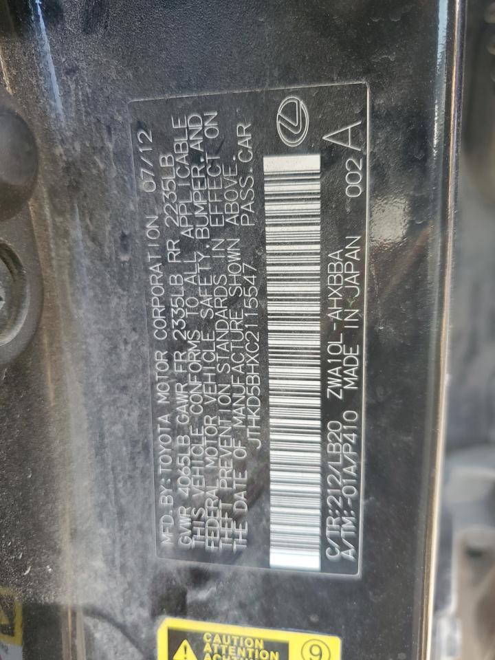 2012 Lexus CT VIN JTHKD5BHXC2115547 Copart auction photo, all over damage thumbnail 14