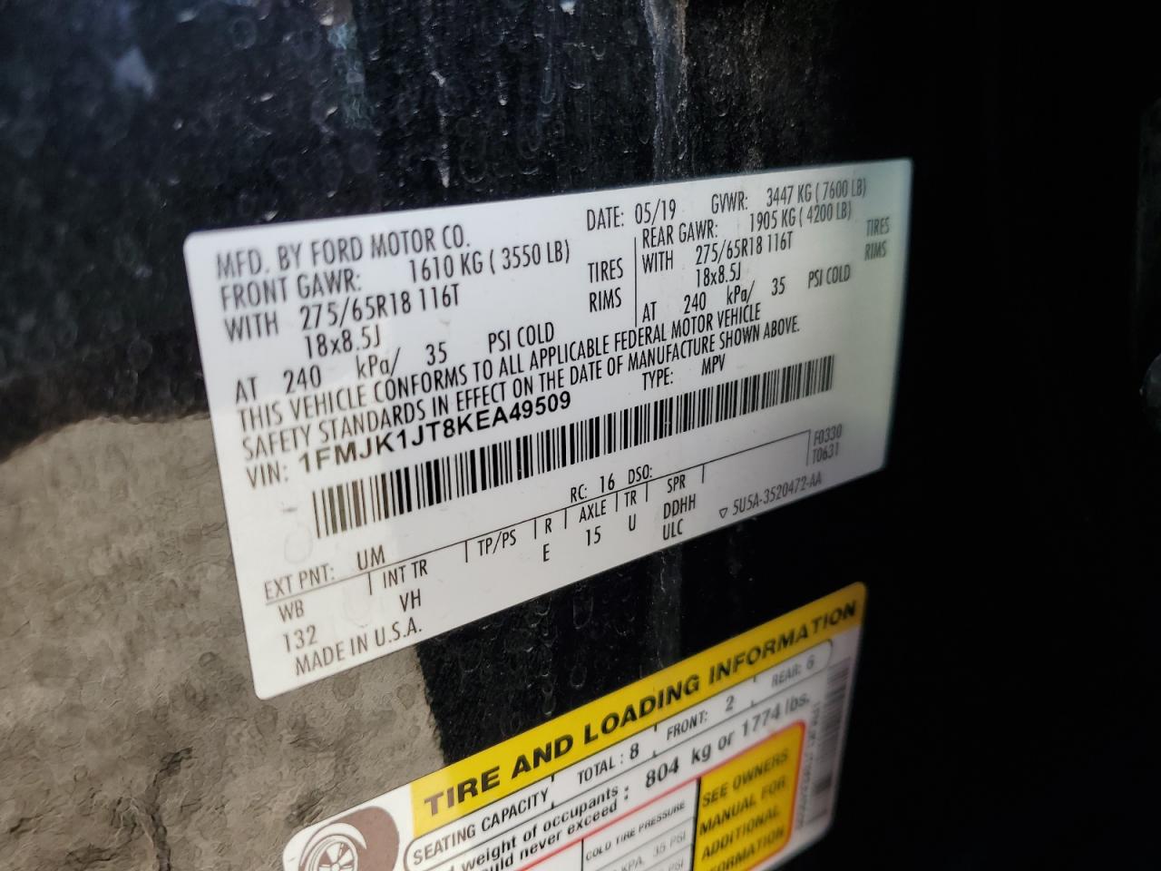 2019 Ford Expedition VIN 1FMJK1JT8KEA49509 Copart auction photo, front end / minor dent/scratches damage thumbnail 14