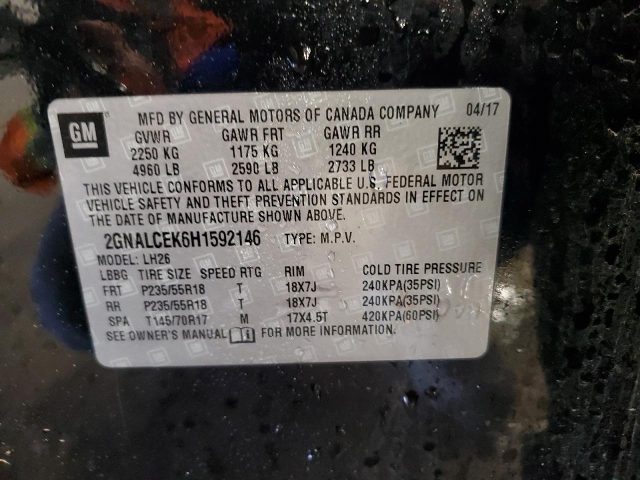 2017 Chevrolet Equinox VIN 2GNALCEK6H1592146 Copart auction photo, front end damage thumbnail 13