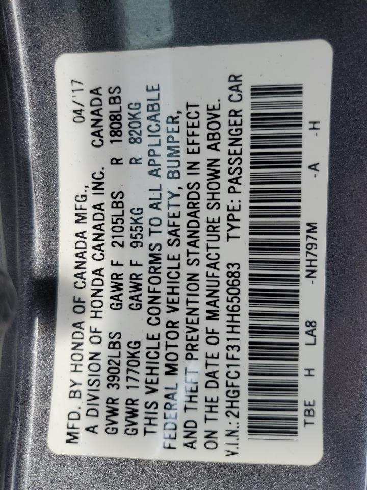 2017 Honda Civic VIN 2HGFC1F31HH650683 Copart auction photo, front end / minor dent/scratches damage thumbnail 12