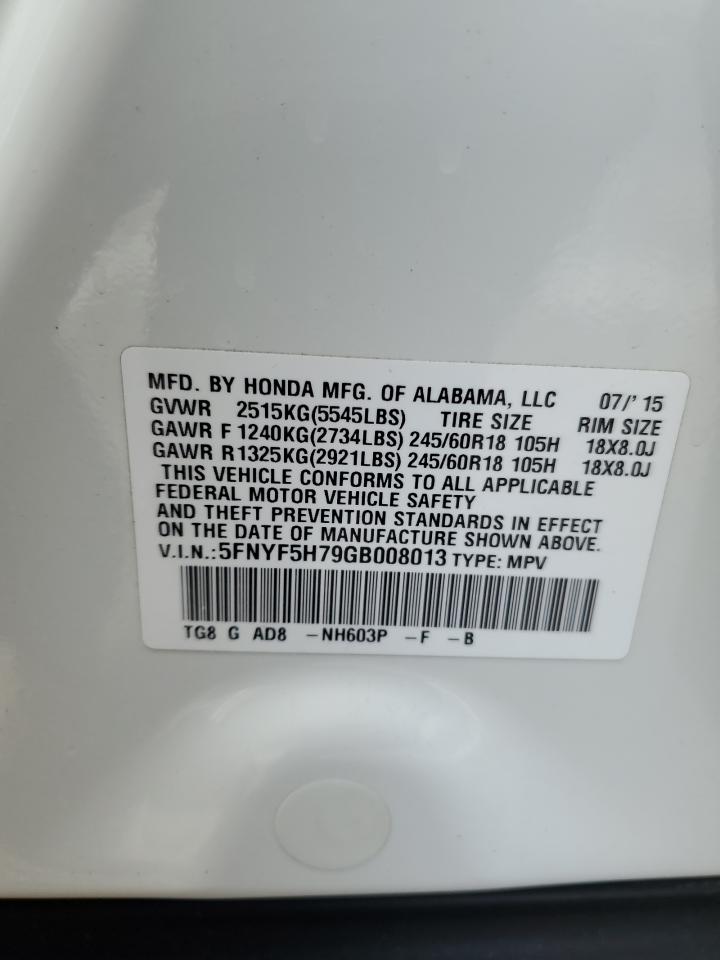 2016 Honda Pilot VIN 5FNYF5H79GB008013 Copart auction photo, rear end damage thumbnail 13