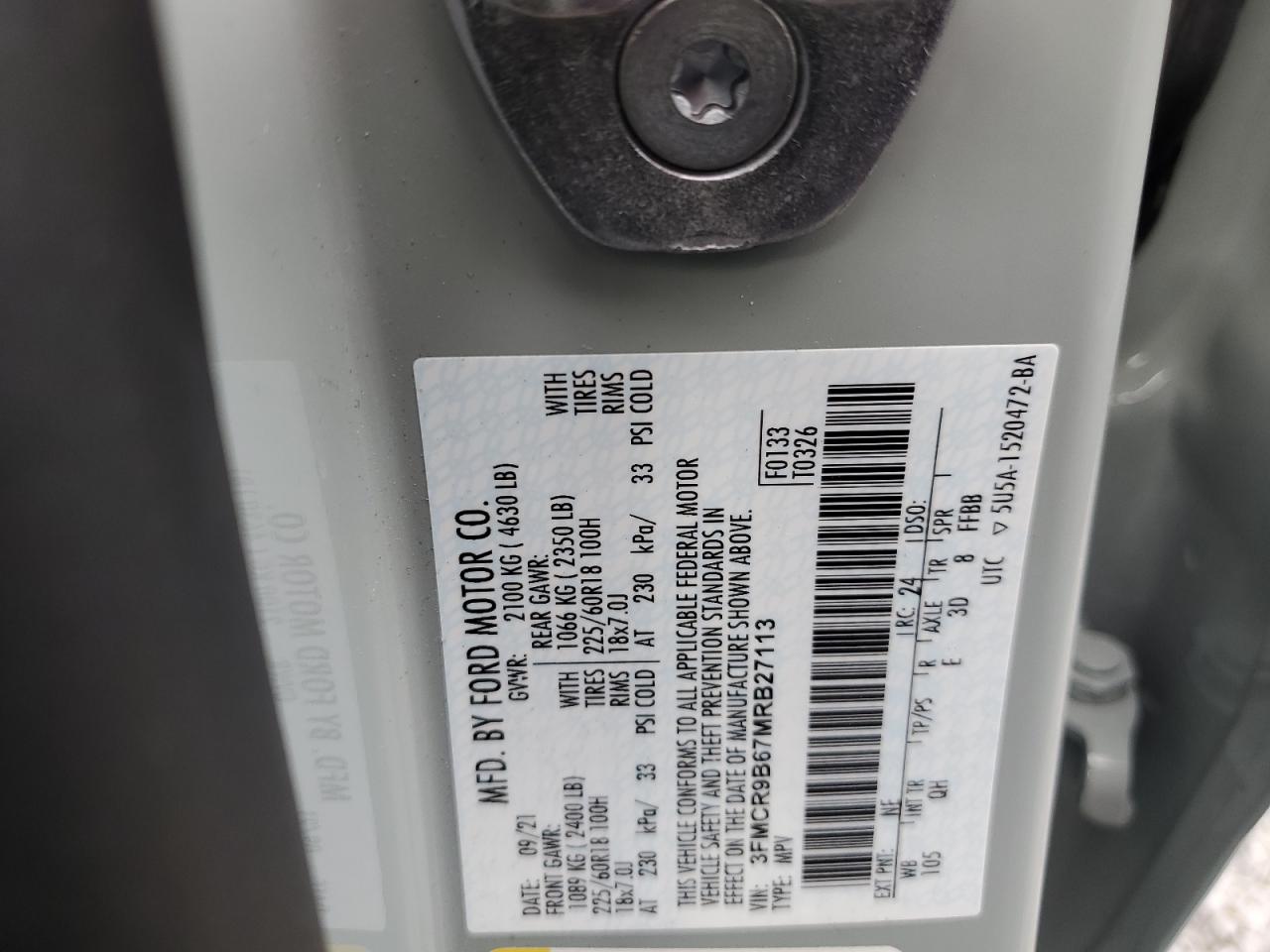 2021 Ford Bronco VIN 3FMCR9B67MRB27113 Copart auction photo, front end damage thumbnail 14