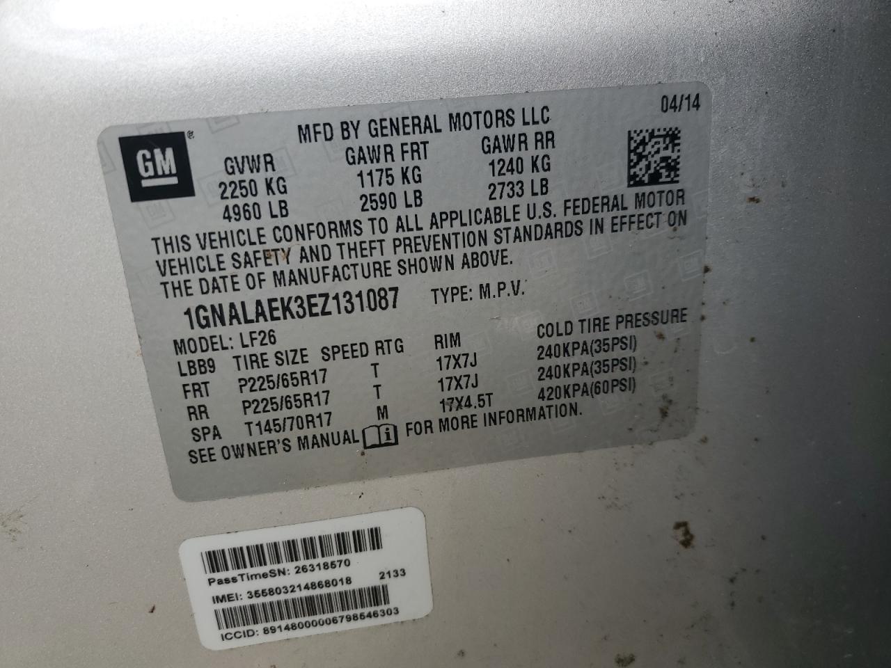 2014 Chevrolet Equinox VIN 1GNALAEK3EZ131087 Copart auction photo, all over damage thumbnail 14