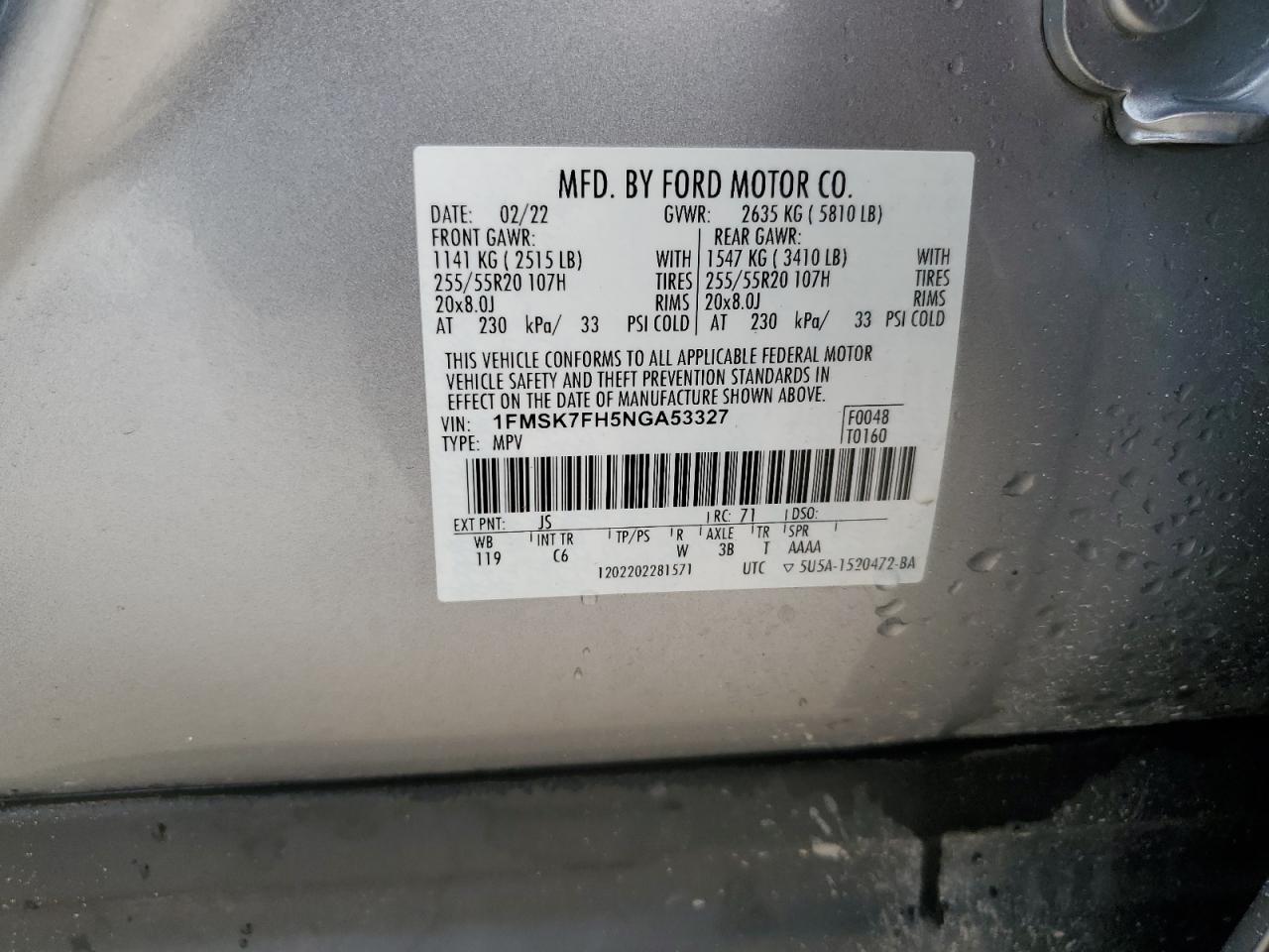 2022 Ford Explorer VIN 1FMSK7FH5NGA53327 Copart auction photo, side / front end damage thumbnail 13