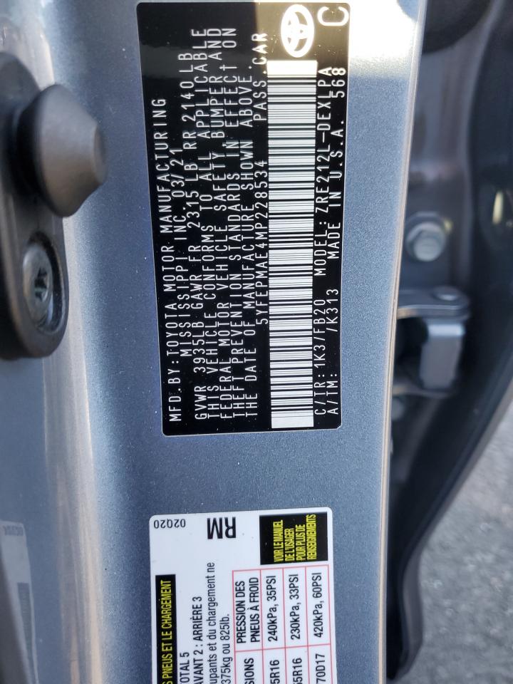 2021 Toyota Corolla VIN 5YFEPMAE4MP228534 Copart auction photo, side / undercarriage damage thumbnail 12