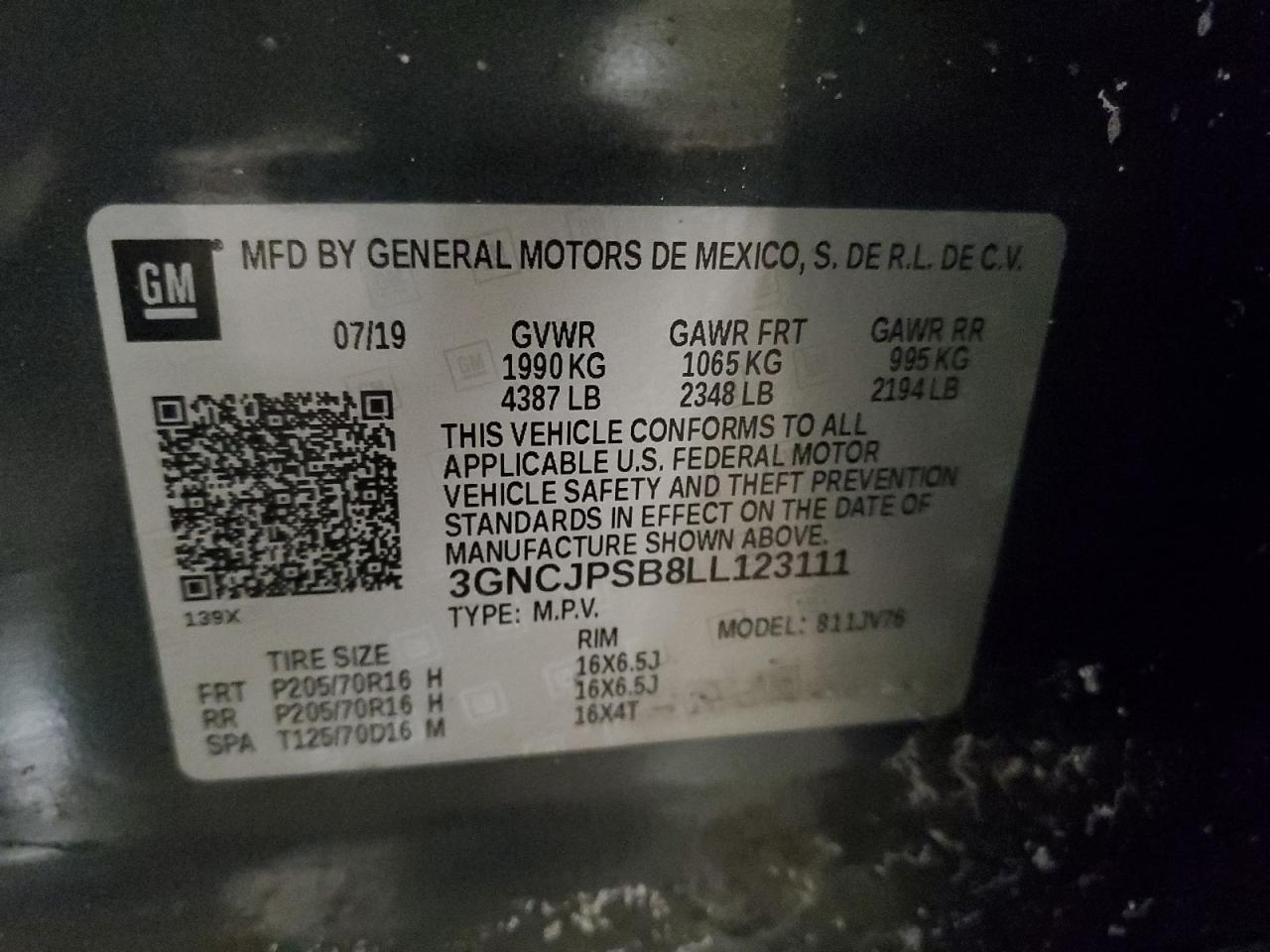 2020 Chevrolet Trax VIN 3GNCJPSB8LL123111 Copart auction photo, side / front end damage thumbnail 13