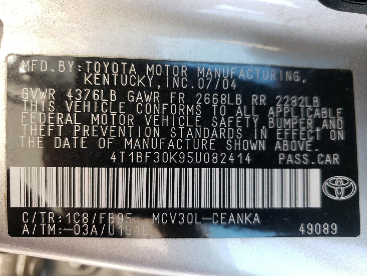 2005 Toyota Camry VIN 4T1BF30K95U082414 Copart auction photo, front end / rear end damage thumbnail 12