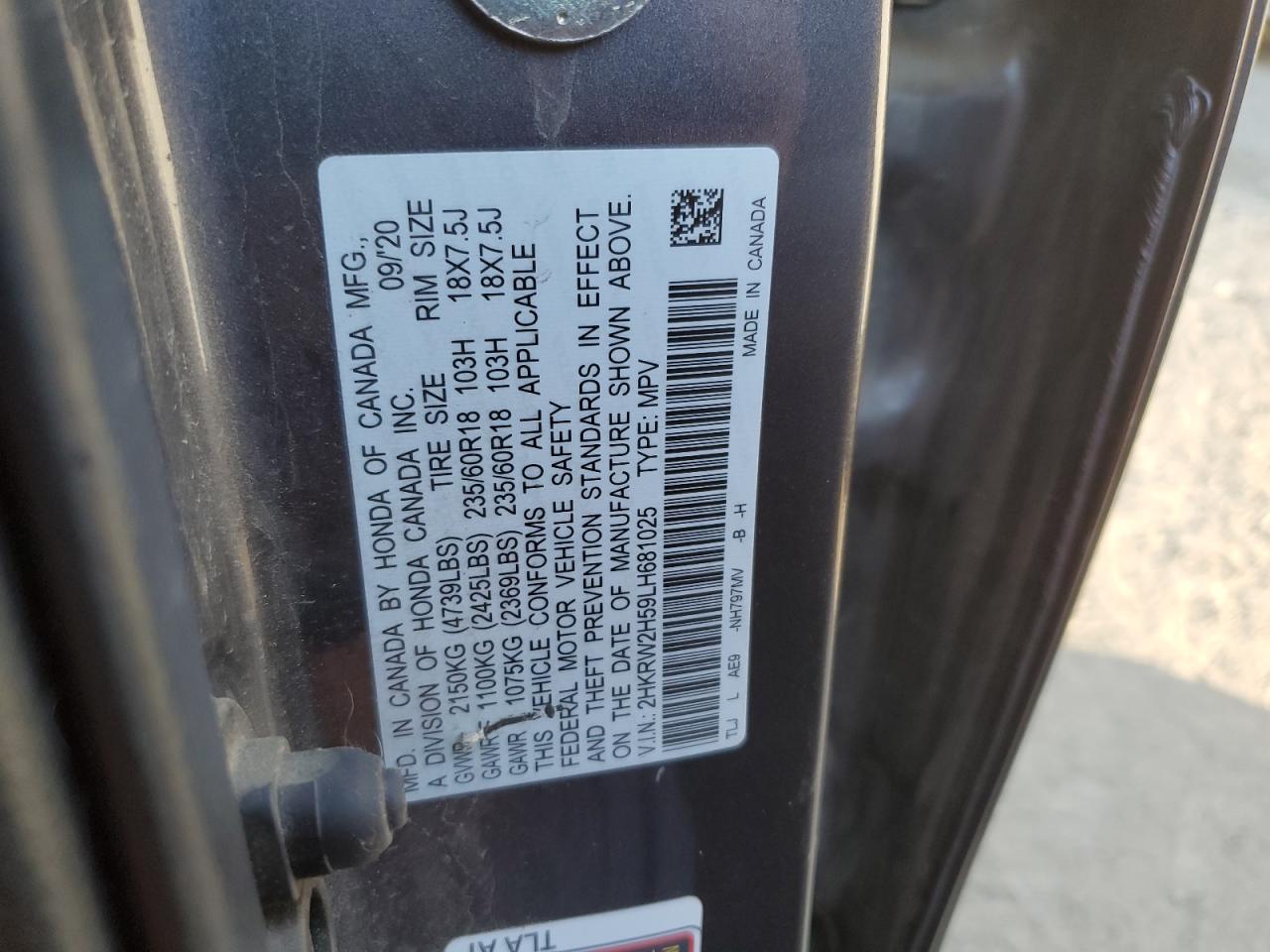 2020 Honda CR-V VIN 2HKRW2H59LH681025 Copart auction photo, front end / minor dent/scratches damage thumbnail 13