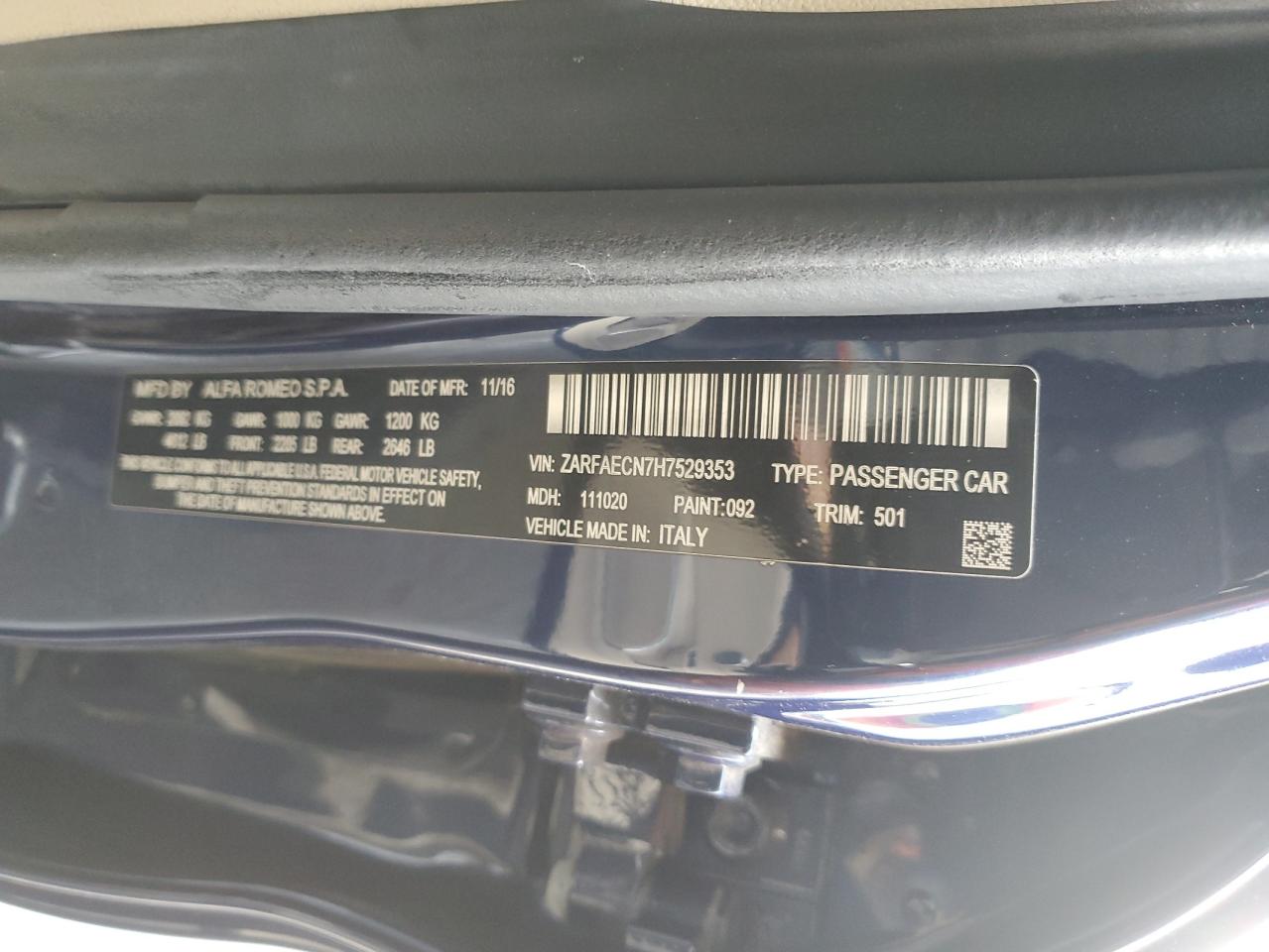 2017 Alfa Romeo Giulia VIN ZARFAECN7H7529353 Copart auction photo, rear end damage thumbnail 14