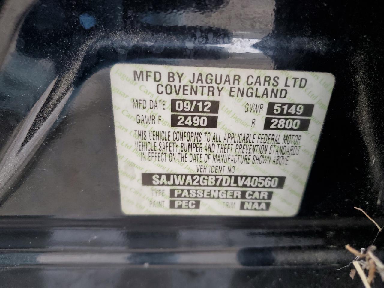 2013 Jaguar XJ VIN SAJWA2GB7DLV40560 Copart auction photo, front end / minor dent/scratches damage thumbnail 12
