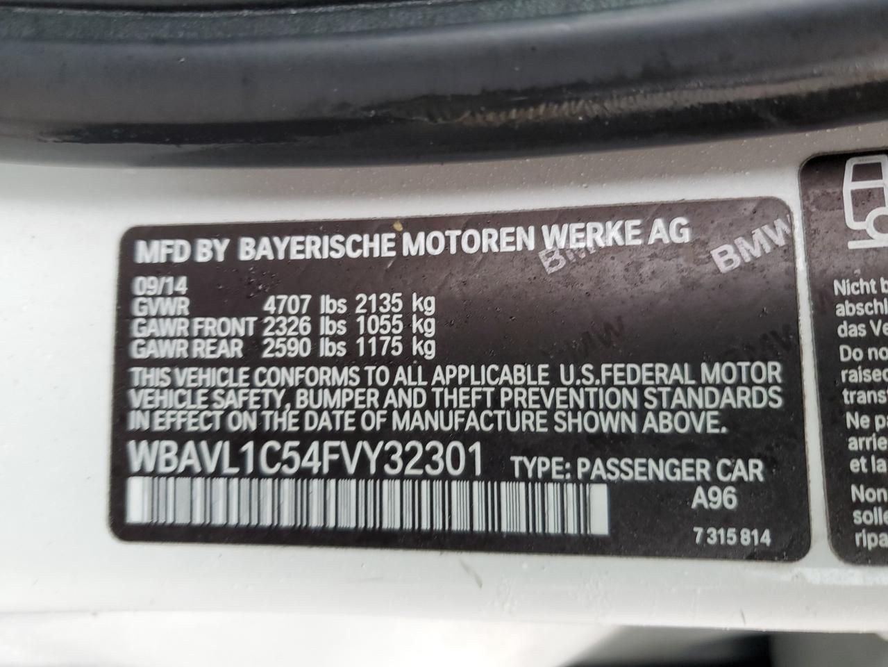 2015 BMW X1 VIN WBAVL1C54FVY32301 Copart auction photo, front end / minor dent/scratches damage thumbnail 13