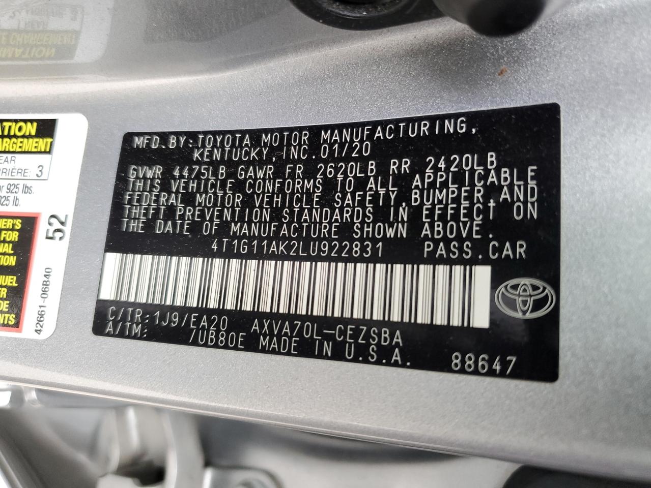 2020 Toyota Camry VIN 4T1G11AK2LU922831 Copart auction photo, front end damage thumbnail 12
