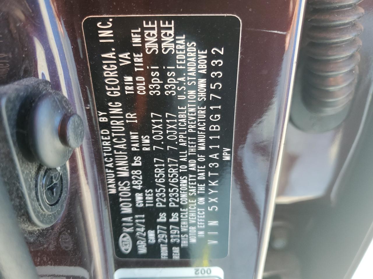 2011 KIA Sorento VIN 5XYKT3A11BG175332 Copart auction photo, front end / minor dent/scratches damage thumbnail 14